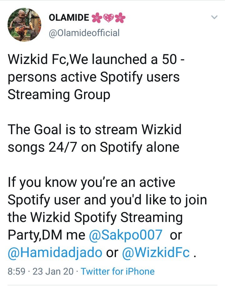 Wizkid FC launch a WhatsApp group to stream all Wizkid's song on Spotify 