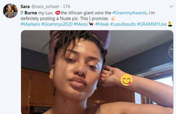 Lady Promise to Post Her Nudes If Burna Boy Wins Grammy Award (Photo)
