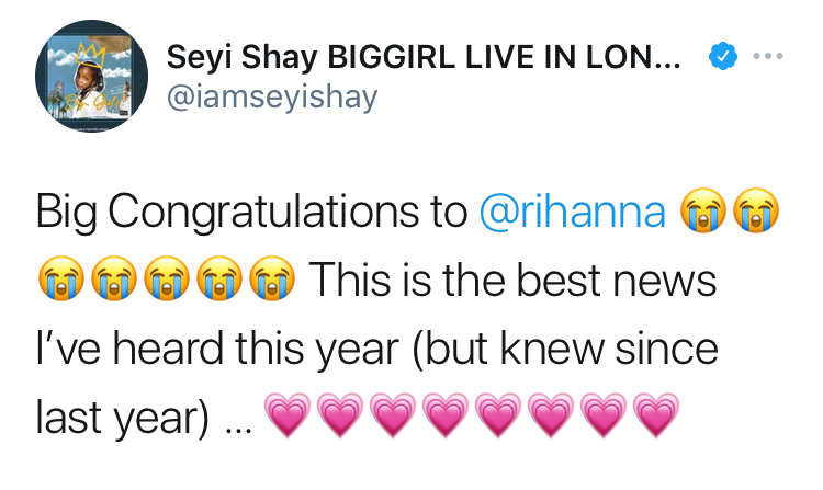 Seyi Shay tweet saying she that Rihanna was pregnant 