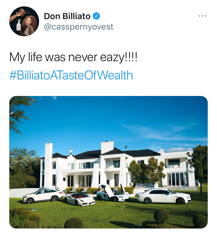 Casper Nyovest tweet of his mansion and cars 