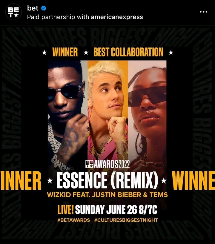 Essence remix won BET Best Collaboration