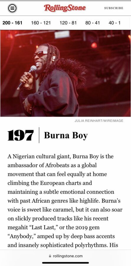 Wizkid Burna Boy Rolling Stone’s list