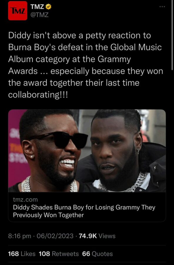 Diddy Reacts To Viral Post Of Him “Shading” Burna Boy After His Loss At The Grammys